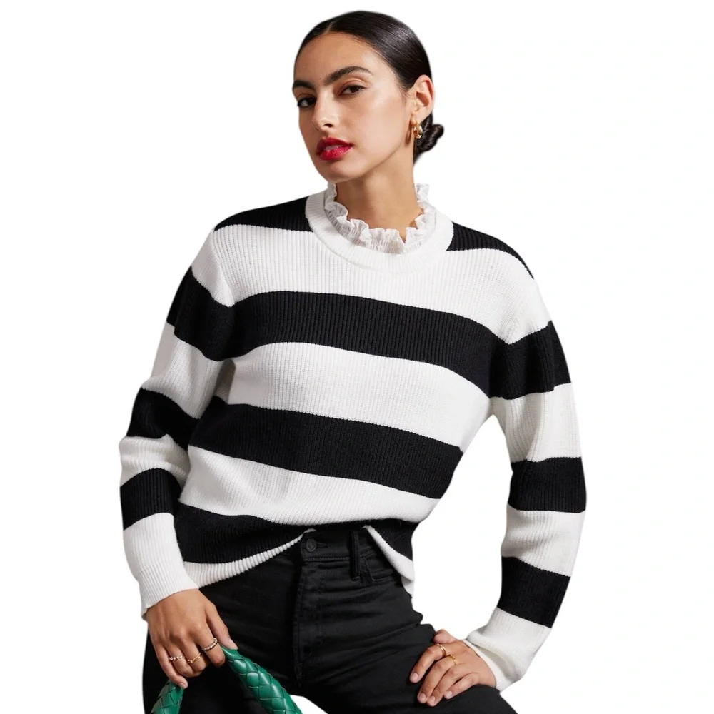 ANTHROPOLOGIE Ruffle Collar Sweater White Black Striped Pullover Medium NWT - Picture 1 of 13